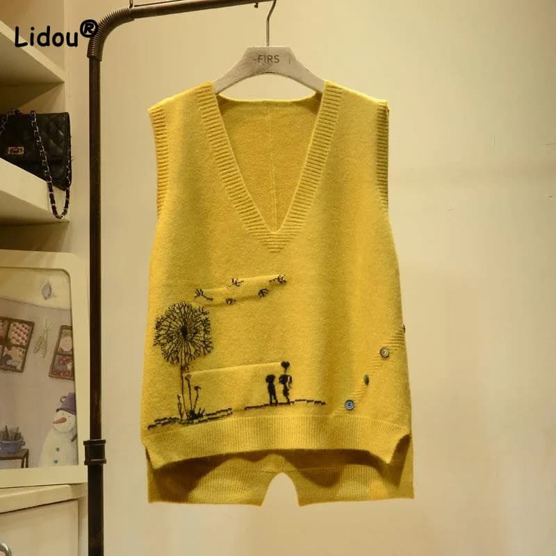 Casual allentato cartone animato stampato gilet lavorato a maglia autunno inverno abbigliamento donna moda tutto-fiammifero maglioni con scollo a v pullover senza maniche