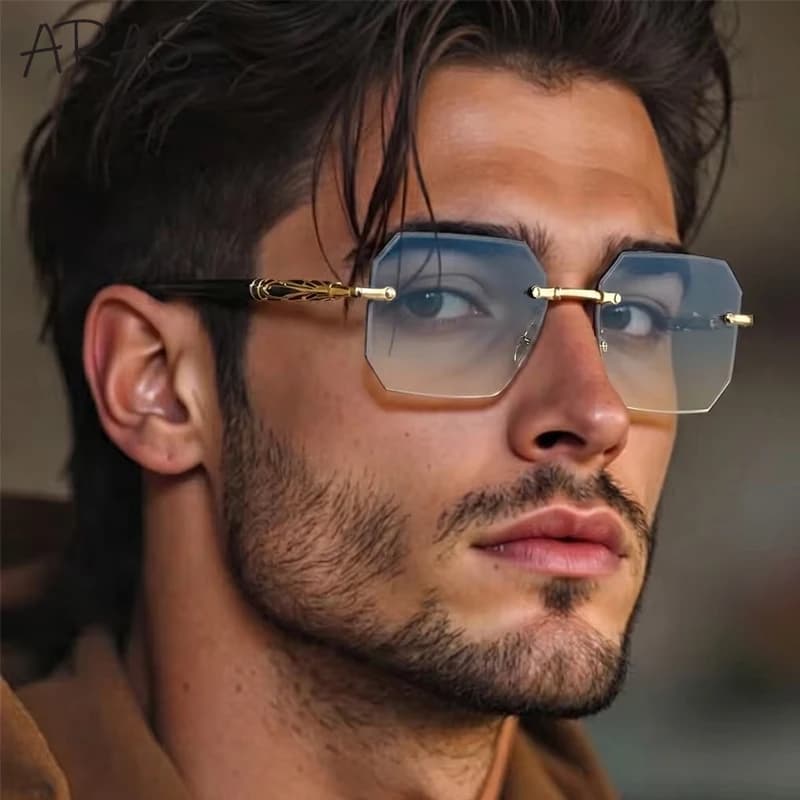 Classic Rimless Square Sunglasses Men 2026 Luxury Designer Punk Outdoor Driving Sun Glasses For Male Polygon Frameless Eyewear