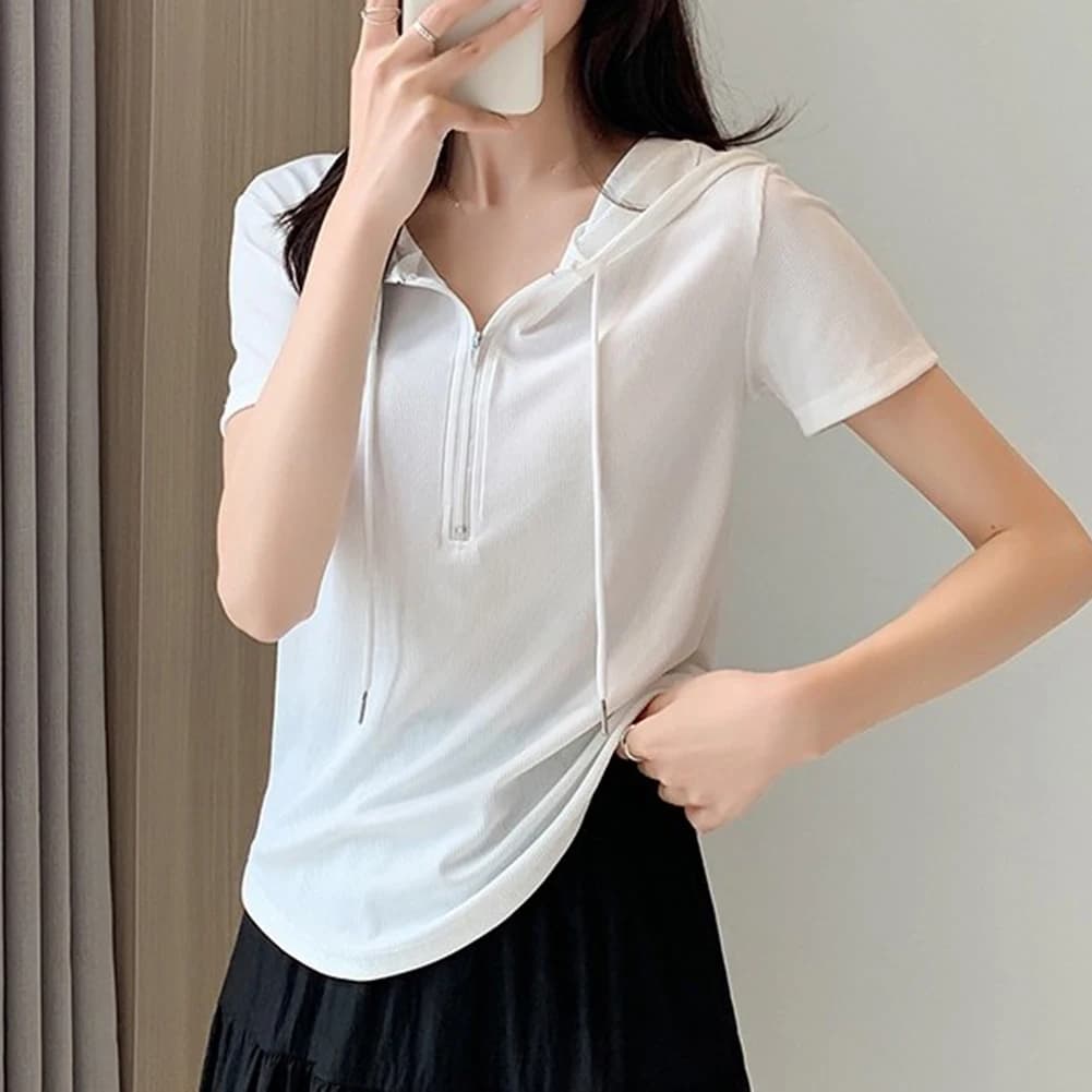 Women Ice Silk Short Hoodie T Shirt Loose Drawstring Zipper Short Sleeve Crop Top For Summer Casual Streetwear Fashion