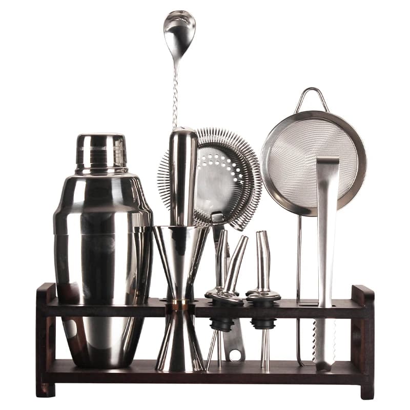 Set di shaker per cocktail americano a tre sezioni, set di scaffali in legno da 12 pezzi, strumenti per baristi
