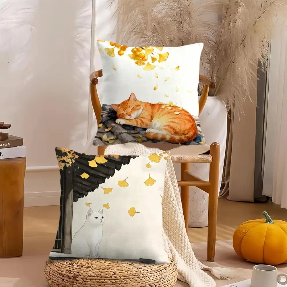 Pillow sheet in soft plush with autumn cat pattern | Double-sided decorative pillow sheet | Sofa for Bedroom, Home Furniture