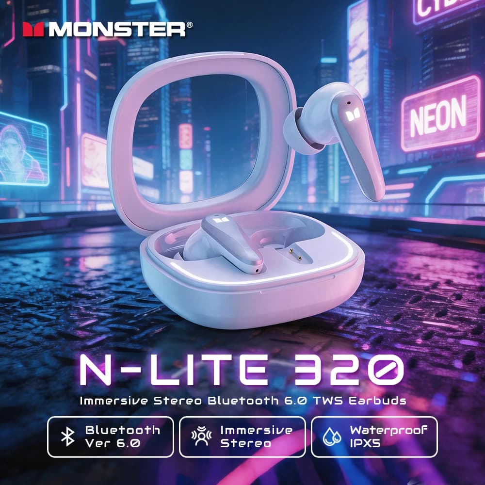 Monster N-LITE 320 TWS Auricolari wireless Bluetooth 6.0 Cuffie sportive ENC Auricolari con riduzione del rumore per chiamate per iPhone Samsung