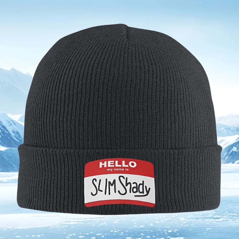Ciao, Slim Shady nome distintivo Uomo Donna Cappello lavorato a maglia unisex Beanie Pullover Cap Inverno Termico Caldo Natale Ciclismo all'aperto Hikin