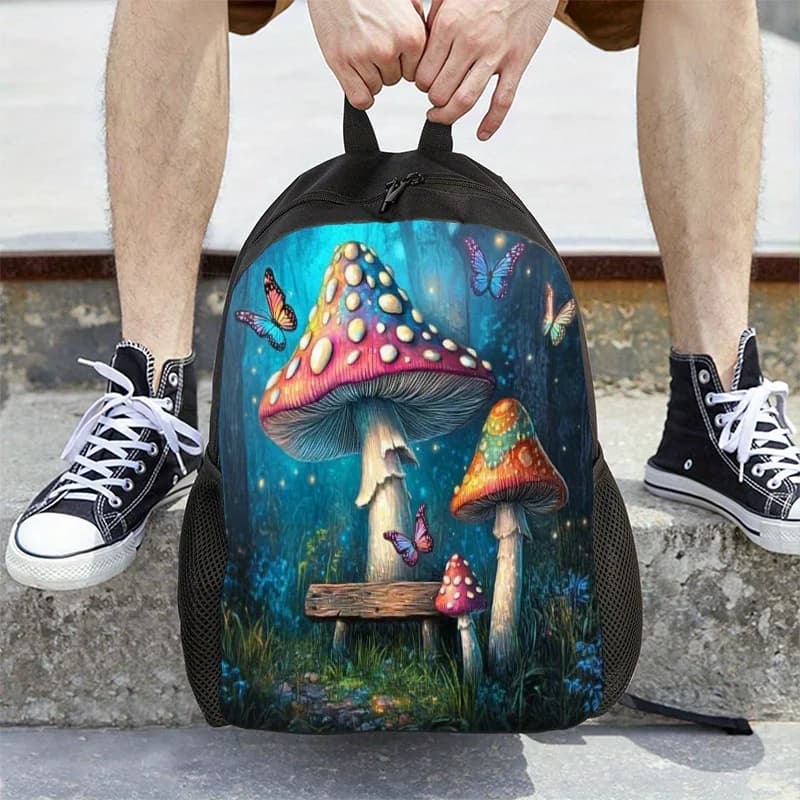 1 Magic Mushroom Forest women's backpack - School bag with large capacity, adjustable shoulder strap, zip closure and gold color
