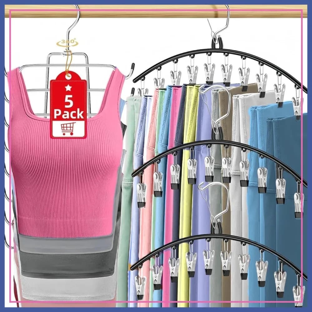 Organizzatore per leggings da appendere nell'armadio, confezione da 5, 3 appendiabiti per pantaloni con 30 clip, 1 appendiabiti per canotte, 1 appendiabiti in metallo salvaspazio.