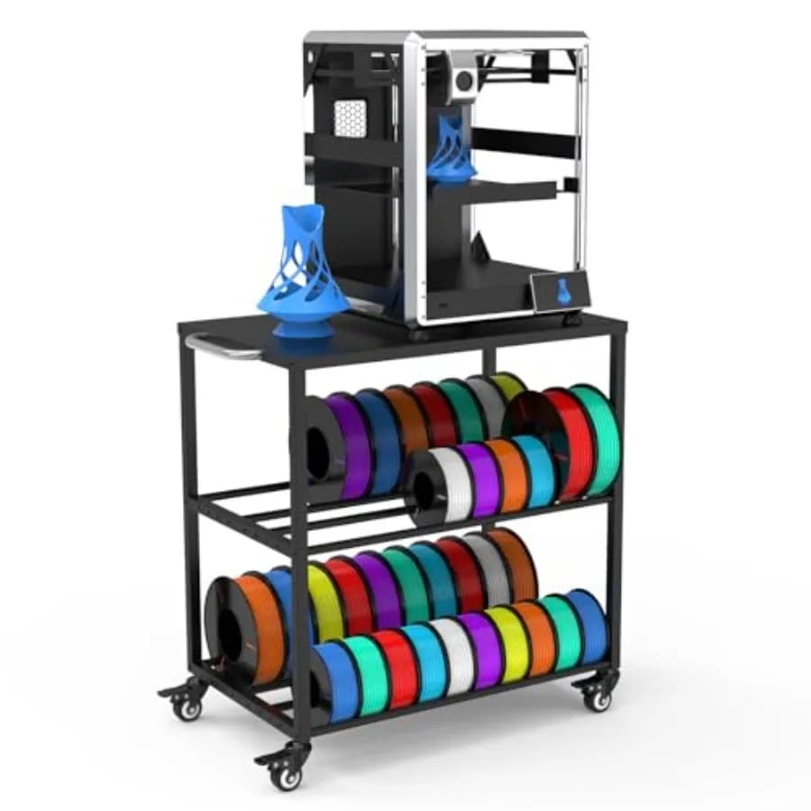 Scaffale porta filamenti per stampanti 3D per uffici e studi domestici: scaffale organizer a 3 livelli in metallo nero con ruote, contiene fino a 40 filamenti da 1 kg.