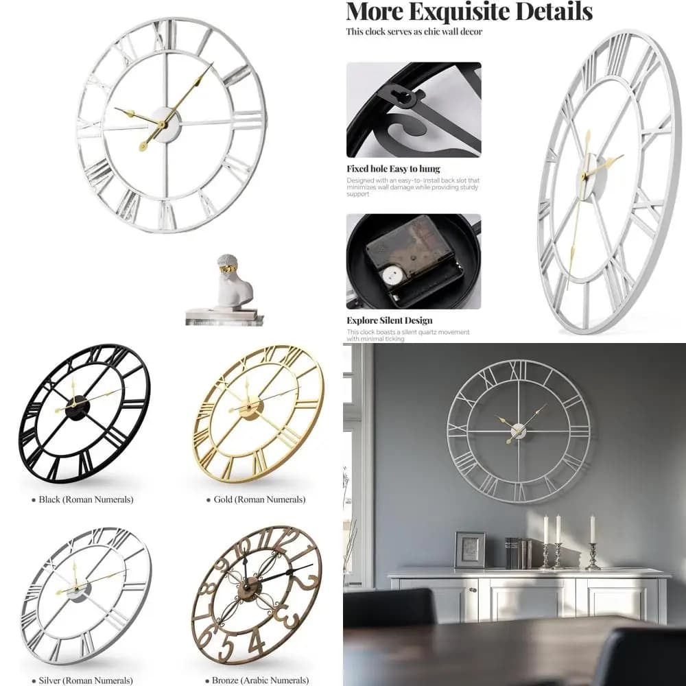 30 Inch Silver Metal Decorative Wall Clock - Large Battery Round Clock for Home, Living Room, Bedroom, Office