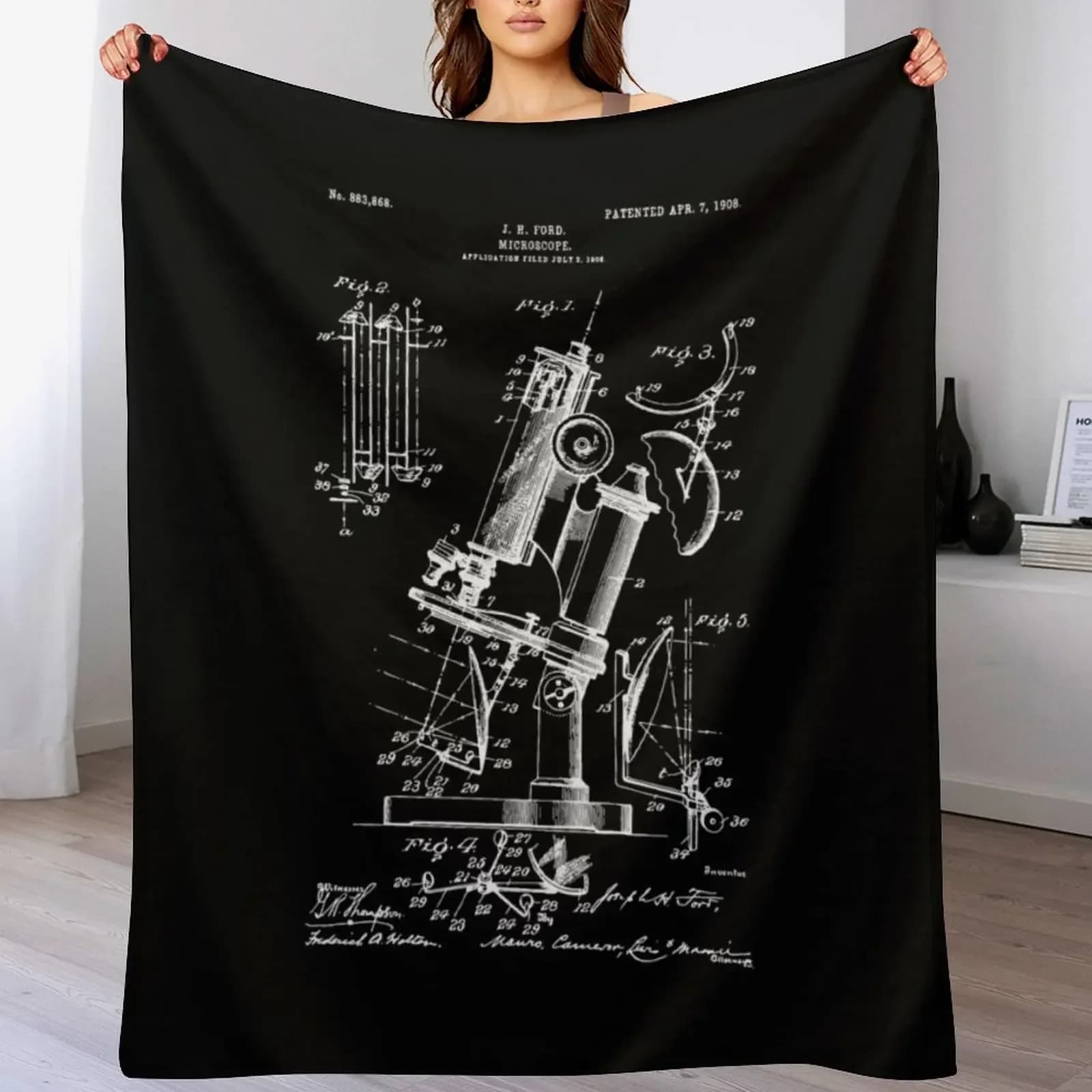 Coperta in peluche morbida con illustrazione di brevetto di microscopio / Coperta decorativa con motivo microscopio per divano e sedia