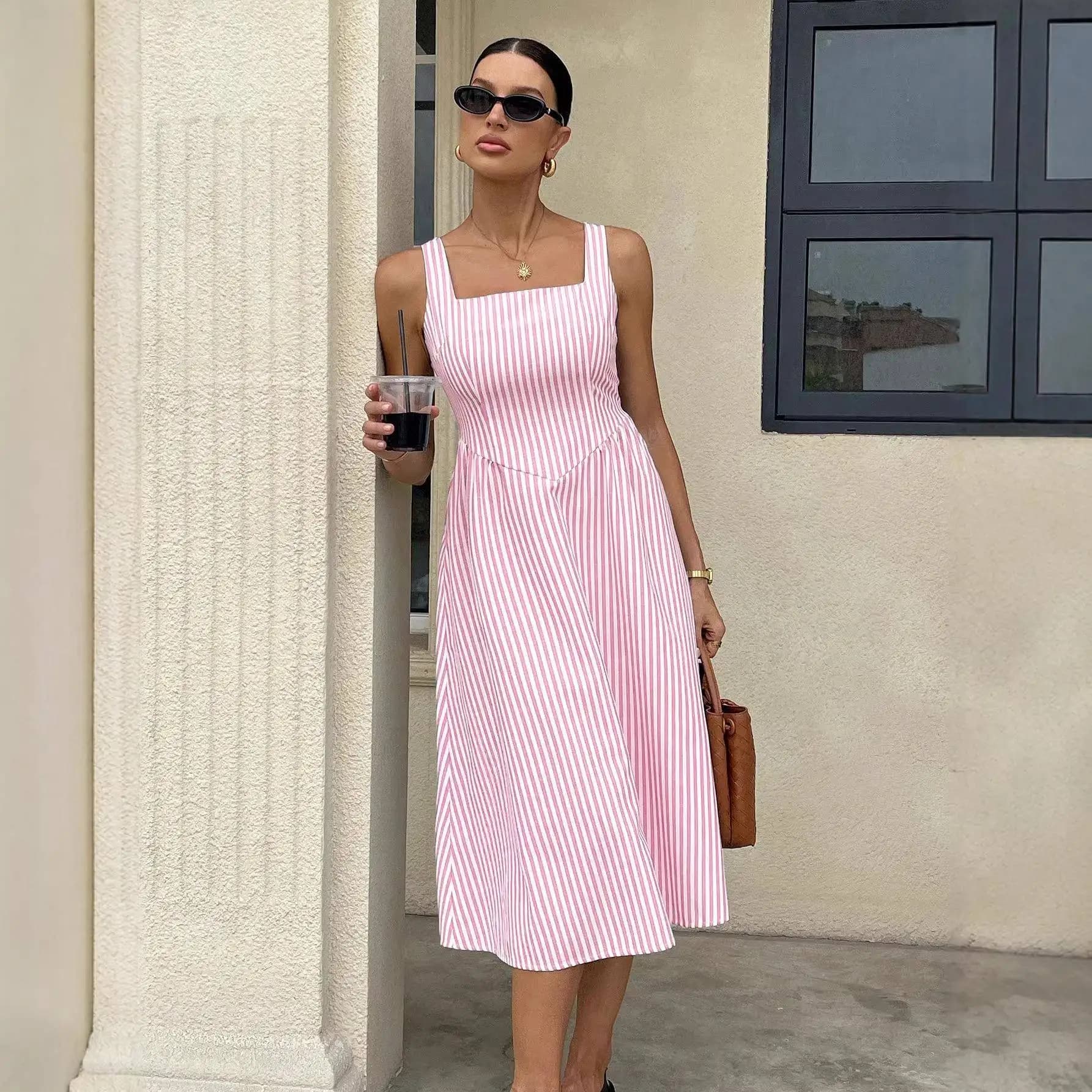 Casual Stripe Long Dress Sleeveless Square Collar Gown Fashionable Waist-Cinching Midi Skirt A-Line Silhouette Other/Other