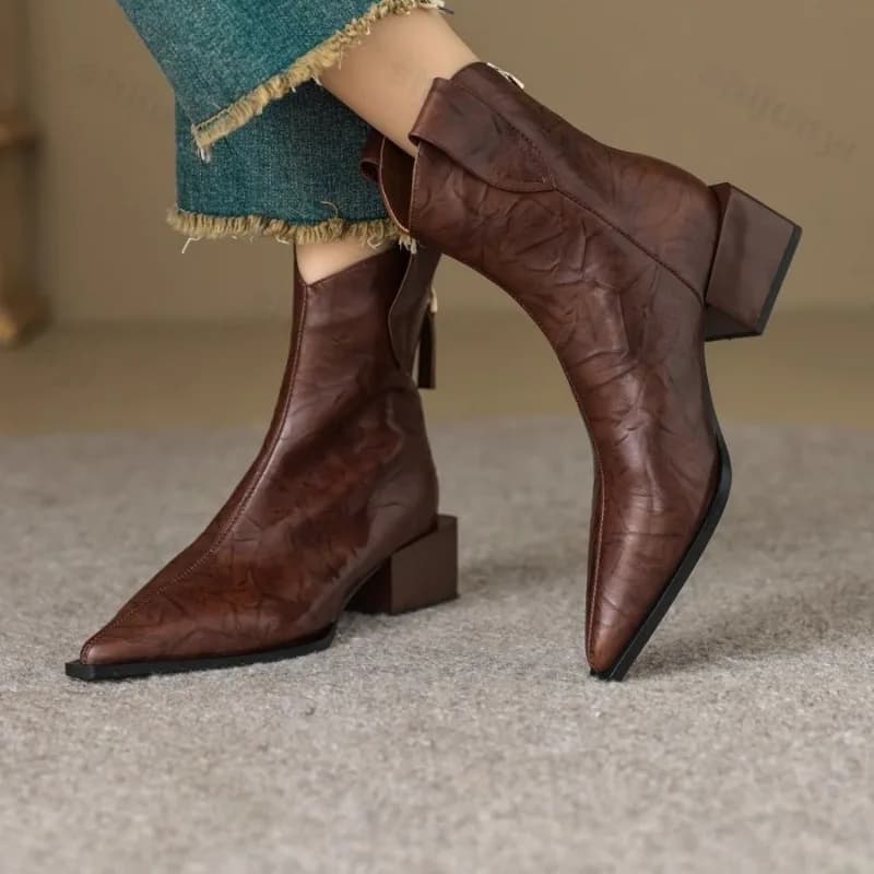 Women Western Cowgirl Boots 2025 Pointed Toe Fashion Slip on Chelsea Booties Retro Style Autumn Female Thick Heel Shoes Heel 5CM