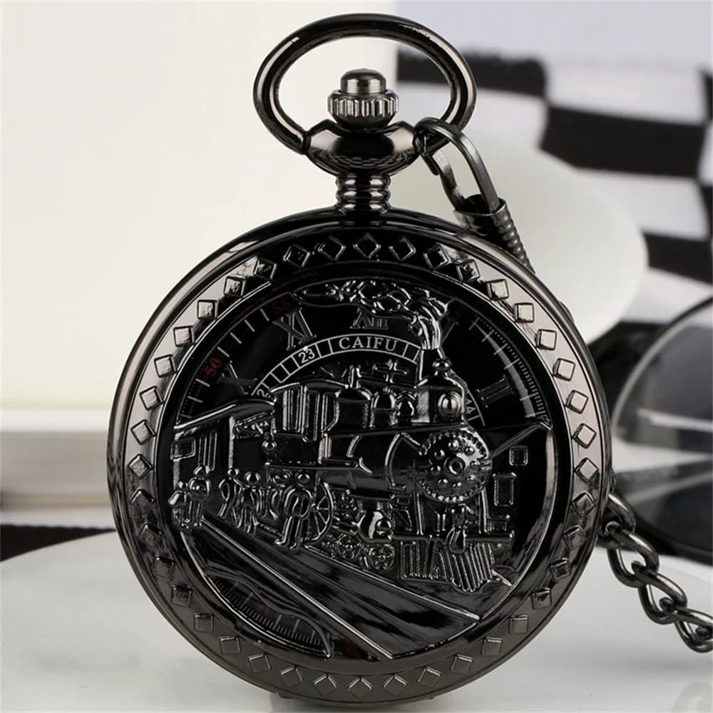 Squisito uomo donna nero locomotiva da corsa orologio da tasca meccanico scheletro orologio a carica manuale ciondolo antico