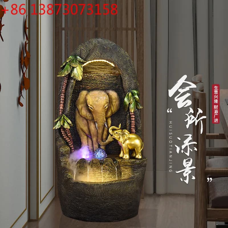 Fontana d'acqua a cascata con elefante cinese, ornamento umidificatore a forma di ruota Feng Shui portafortuna per soggiorno, ufficio o clubhouse