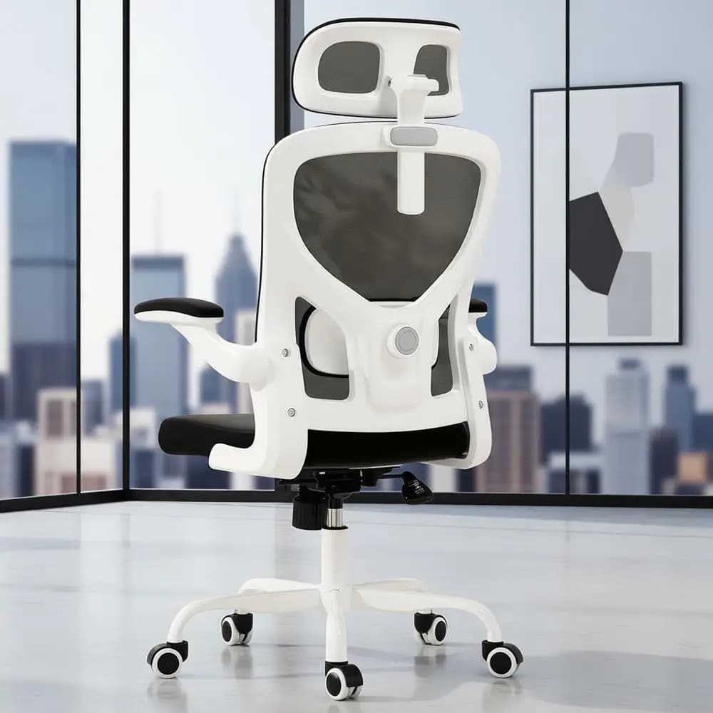 Sedia ergonomica in rete con schienale alto con schienale regolabile, poggiatesta e supporto lombare per ufficio, studio e giochi - Bianco/nero