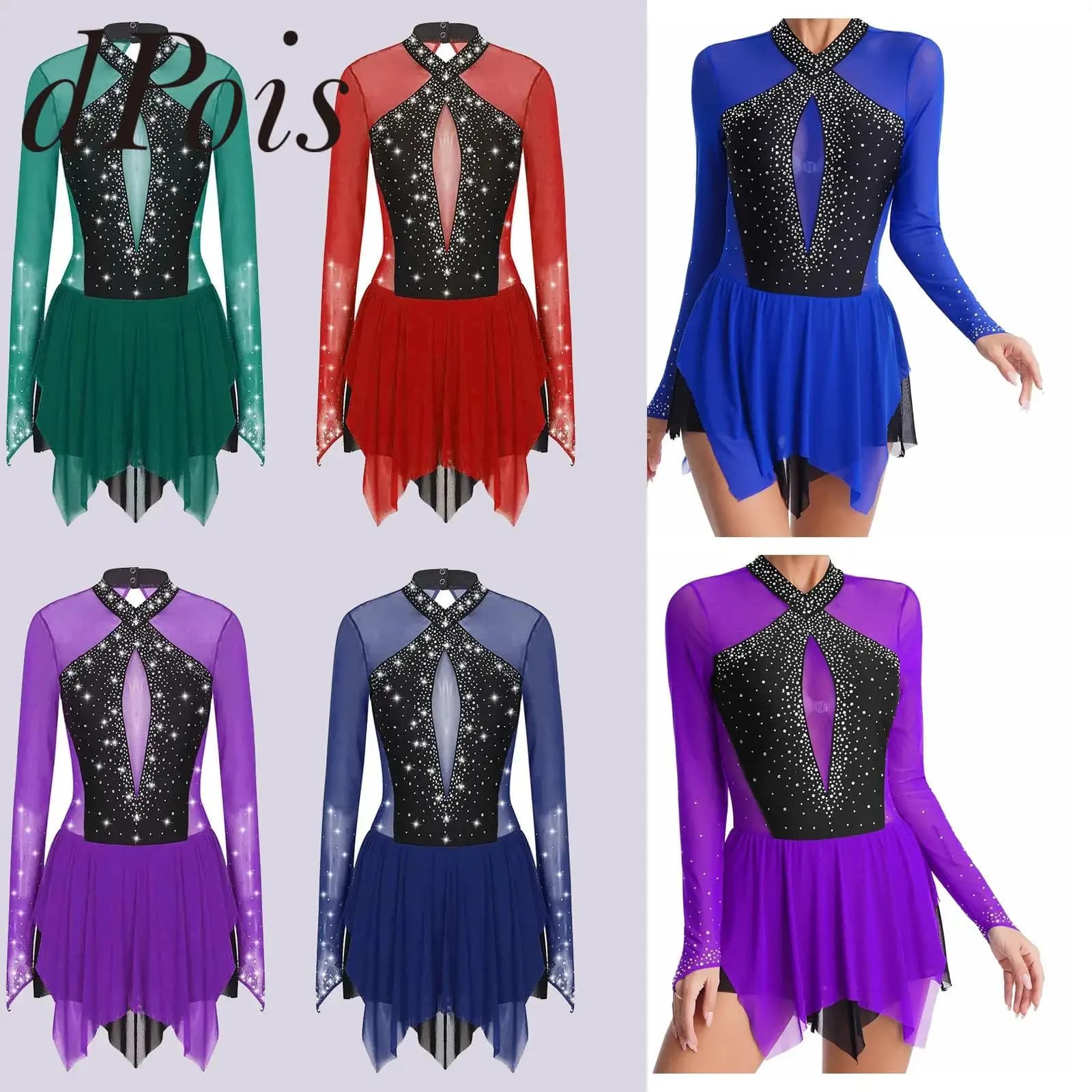 Abbigliamento da ballo lirico a maniche lunghe da donna Abito da pattinaggio di figura Abito da ballo per balletto Patchwork Orlo irregolare Abiti da pattinaggio su ghiaccio