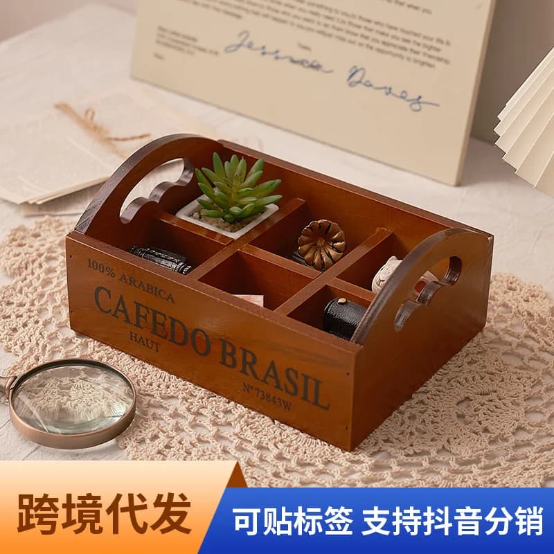 Zakka retro wooden portable six-grid storage box succulent desktop cosmetics sundries storage sorting wooden box