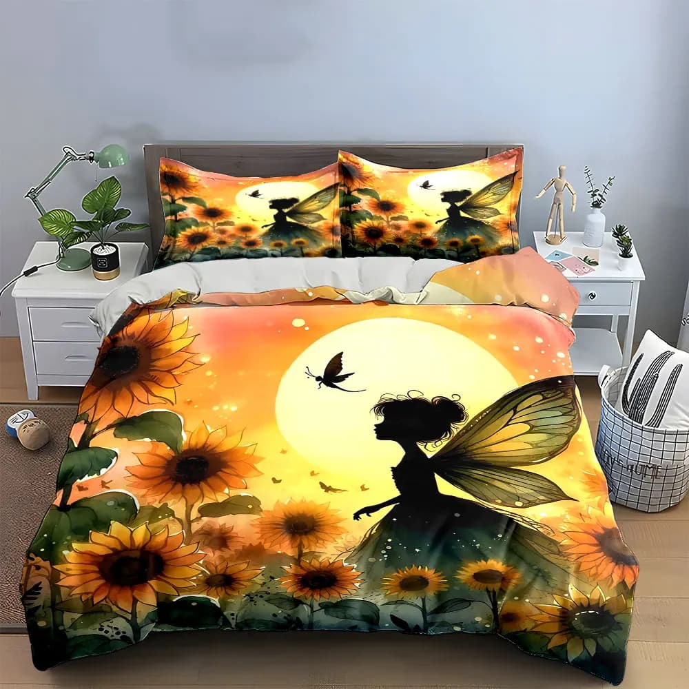 Set di biancheria da letto Fairy Sunflower Art Set con 1 copripiumino e 2 federe, singolo, matrimoniale, king, queen, regalo