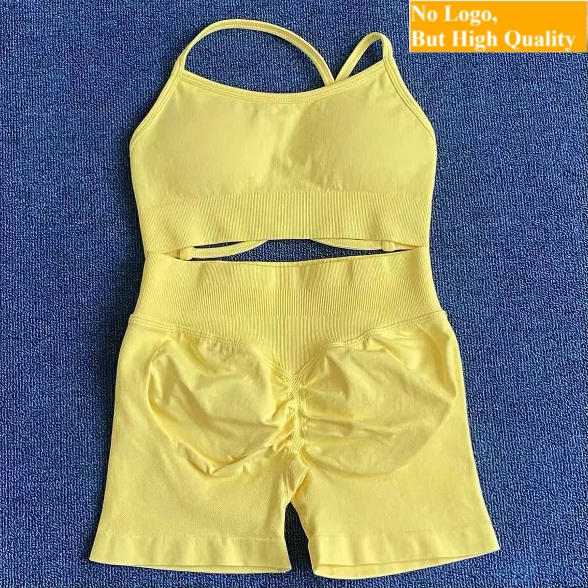 No Logo 2 Pieces Seamless Yoga Set Women Workout Scrunch Shorts Set Backless Sports Bra Fitness Top Gym Clothes Sportswear