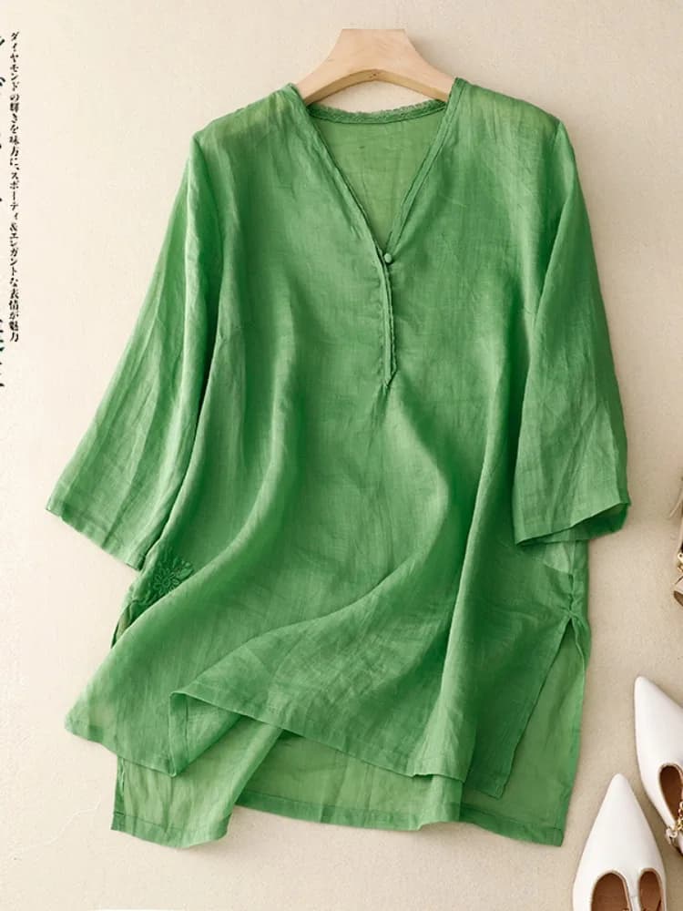 Elegante Camicia in Cotone e Lino Tinta Unita con Scollo a V da Donna, Estiva, Taglie Forti, che Nasconde la Pancia, Effetto Snellente, Ricamata, per Mamme