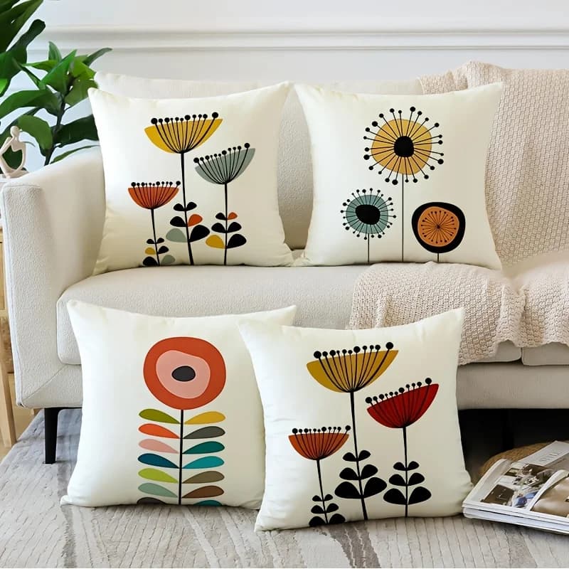 4Pcs Geometric Floral Pillow Covers - Yellow Zippered Cushion Covers, Machine Washable for Living Room & Bedroom Decor ​​