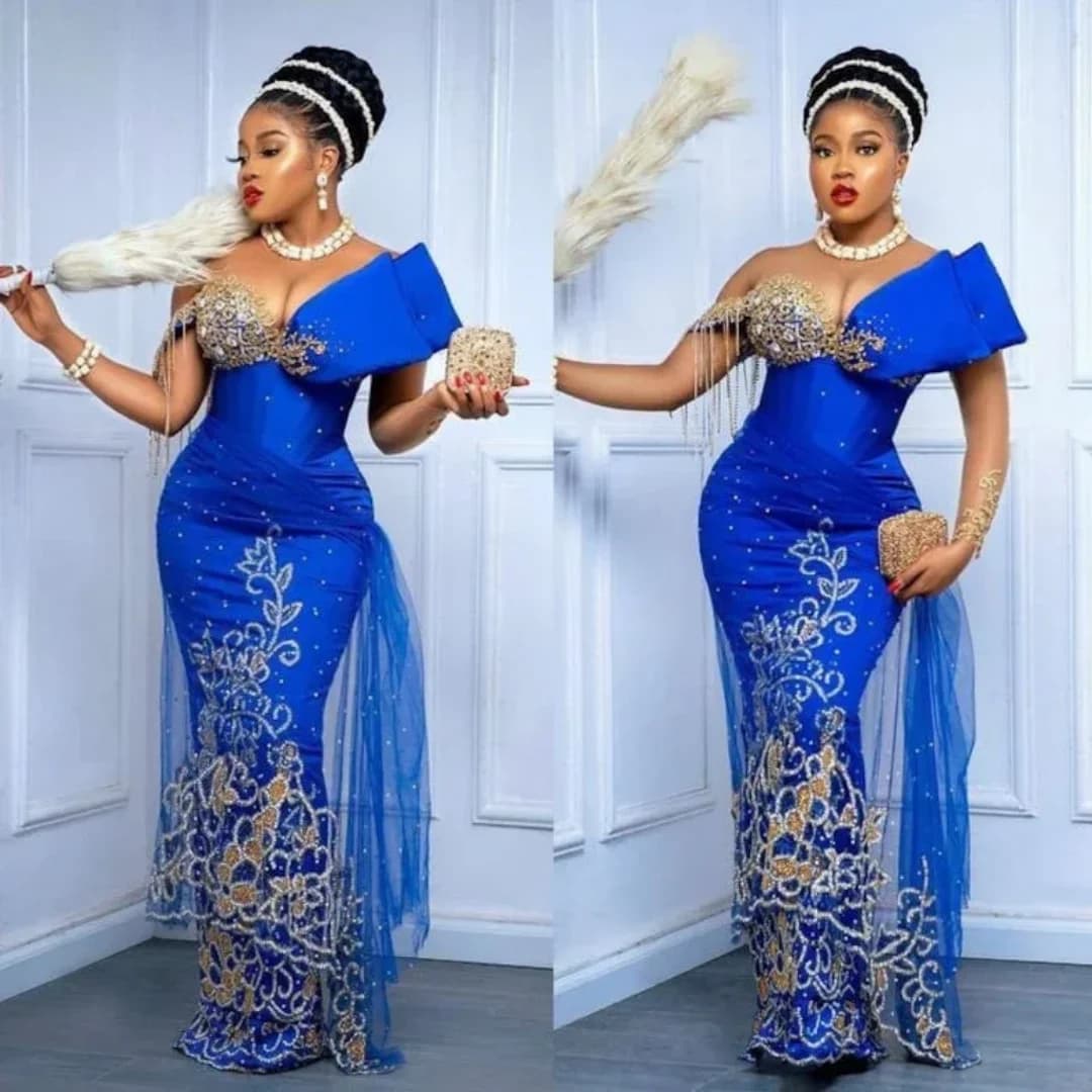 Royal Blue One Shoulder Mermaid Evening Dress Gold Embroidered Off Shoulder Ball Dress Tulle Large Size Party Dress Custom