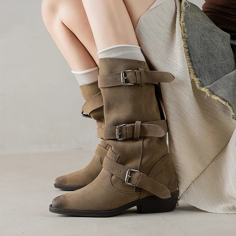 2027 Autumn/Winter Women Boots Cow Suede Women Shoes square Toe Chunky Heel Slip-on Western Boots Mid-calf Modern Ladies Shoes