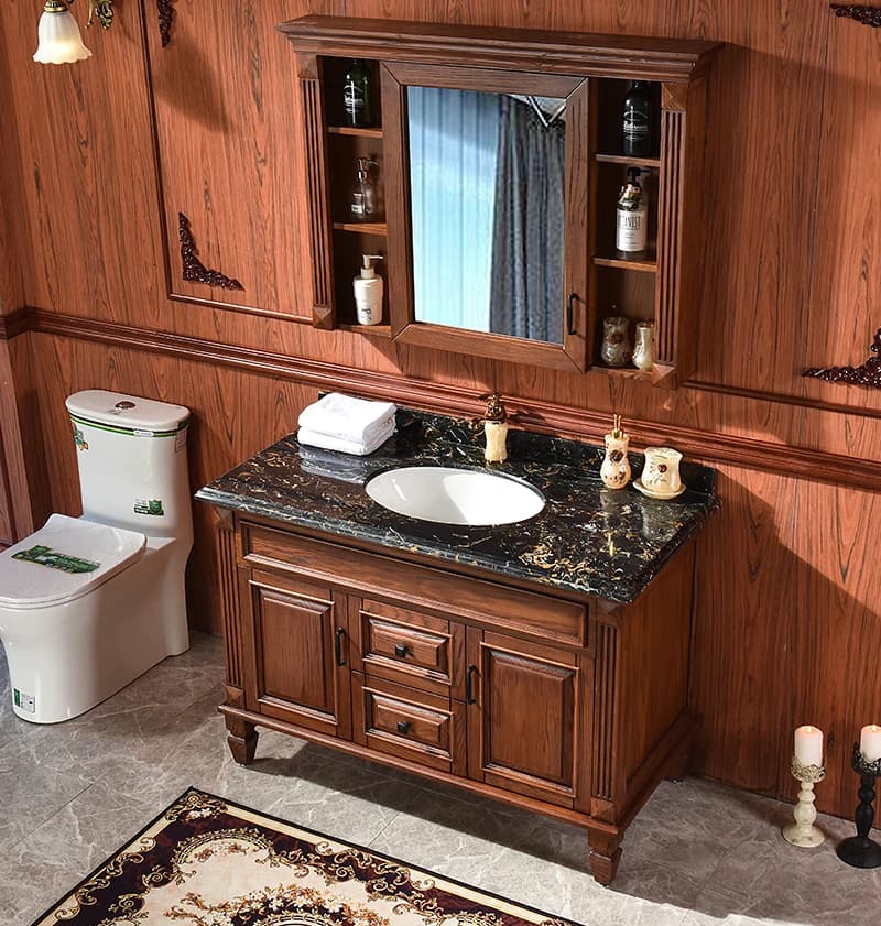 Mobile bagno in legno massello di rovere rosso americano, a pavimento, con lavabo, specchio contenitore e vano portaoggetti