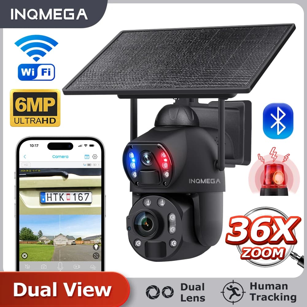Telecamera di Sicurezza Solare 12MP 36X a Doppia Lente, Pannello Solare 10W, Batteria 20000mAh, Visione Notturna IR PIR 24H, Telecamera PTZ Impermeabile
