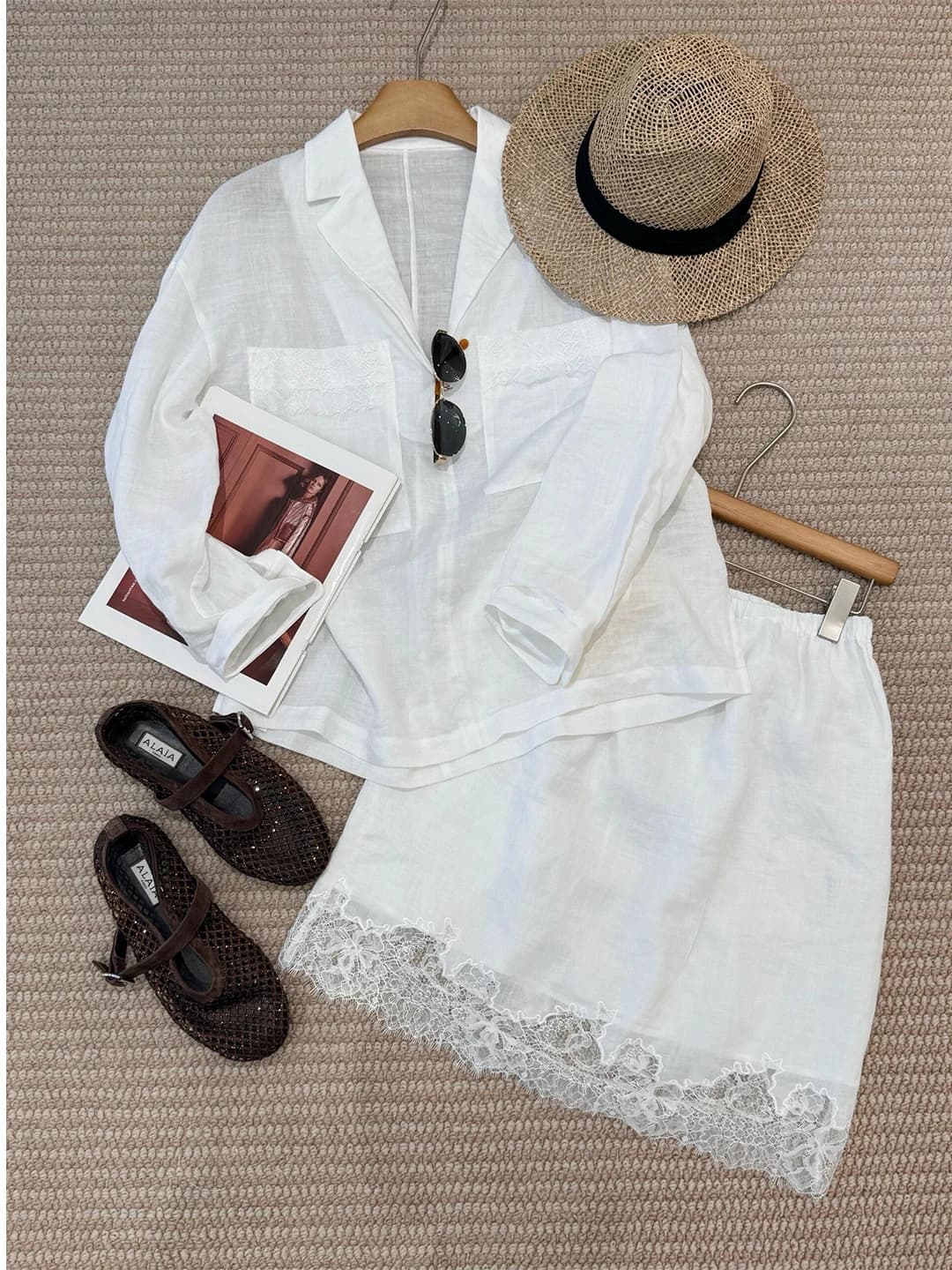 Unique Beautiful White V-Neck Linen Shirt Set Women Summer Lace Splicing Flax Embroidered Half Skirt Two-Piece Set Casual Style