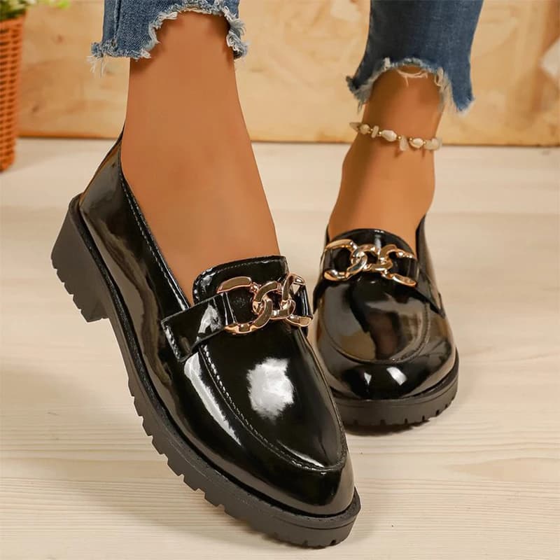 Black Patent Leather Moccasins for Women Elegant Moccasins with Metal Platform and Round Toe Shoes Women's Shoes with thick heel strong sizes