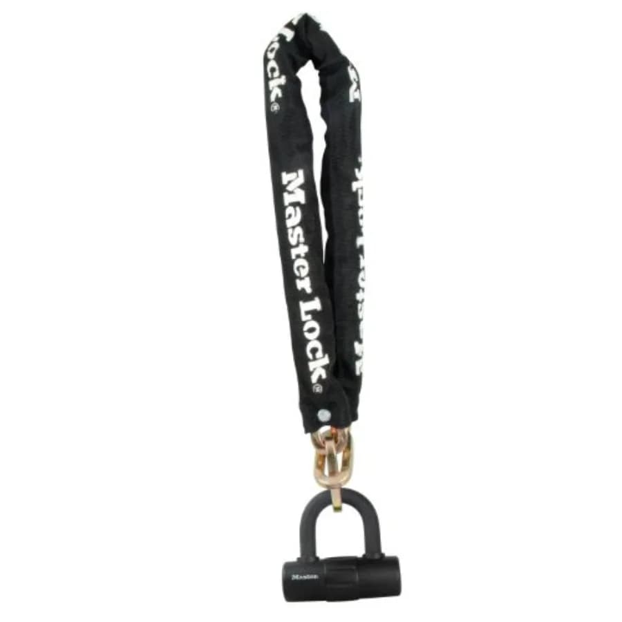 Catena a maglie in acciaio temprato nero per esterni con mini lucchetto a U per biciclette, motociclette, scooter elettrici, catena da 3 piedi x 3/8 pollici, 3,5 pollici di larghezza x 0,03 pollici di spessore.