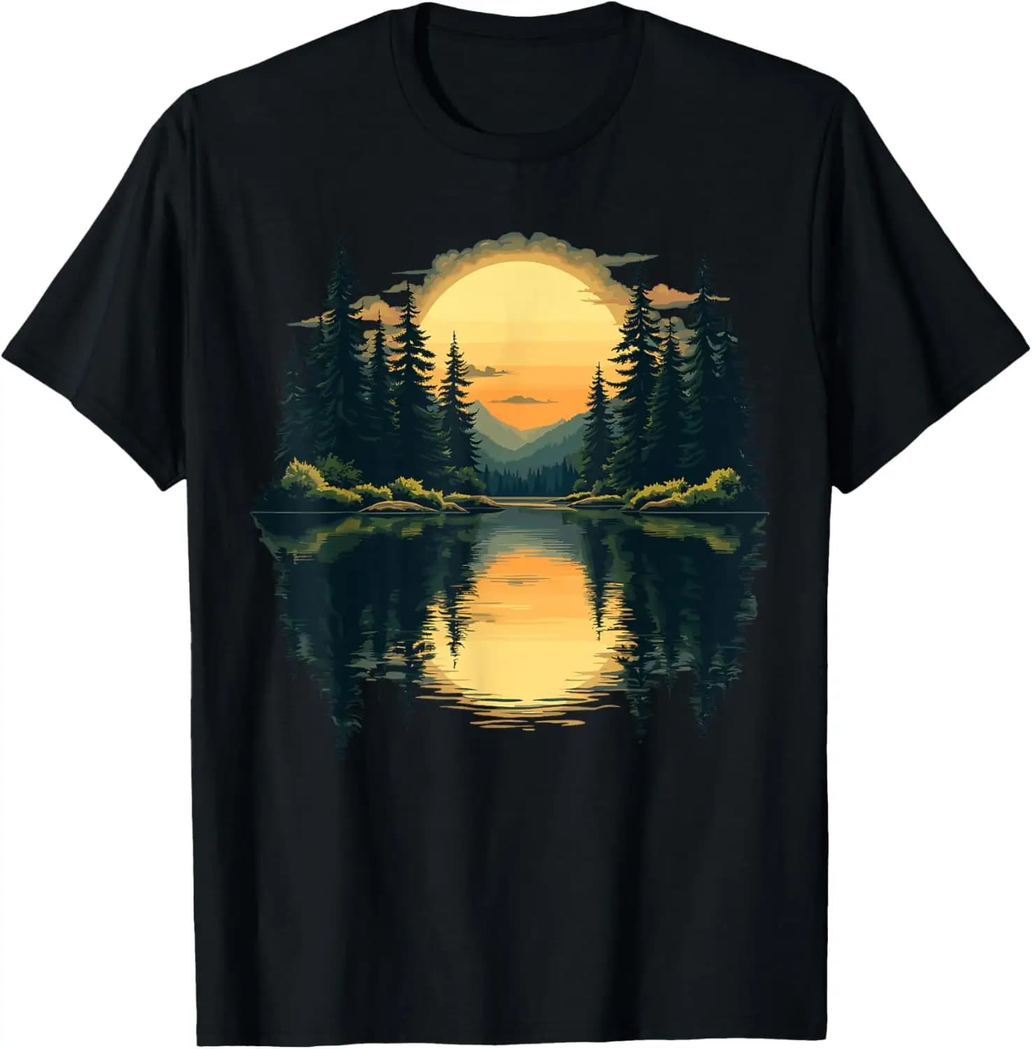Nature Trees Reflection Forest Outdoor Wildlife T-Shirt 100% Cotton Trendy Y2K Short-Sleeve Tee – Soft, Quick-Drying, & Moisture-Wicking; Ideal for Sports or Casual Wear; Great Gift for Christmas or Halloween.