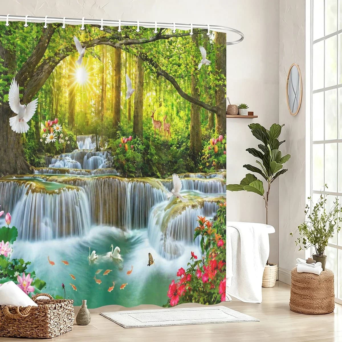 Vibrant Forest Landscape Frog Pattern Polyester Bathtub Curtain - Nature Themed Bathroom Decorative Shower Curtain