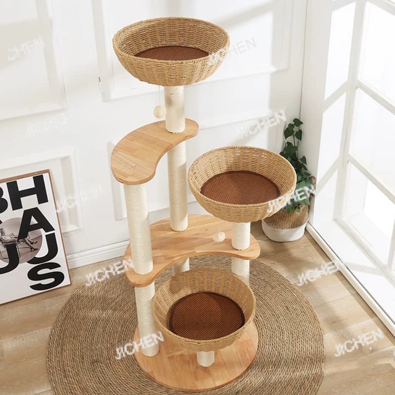 Moderna albero per gatti multistrato con tiragraffi in sisal Struttura rampicante per gatti in legno intrecciato con rattan per gatti