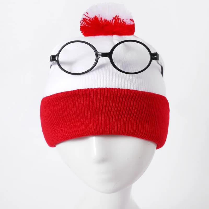 Autumn Halloween Costume Red White Knit Beanie Hat with Pompoms Nerd No Lenses Glasses for Men and Women anime hat