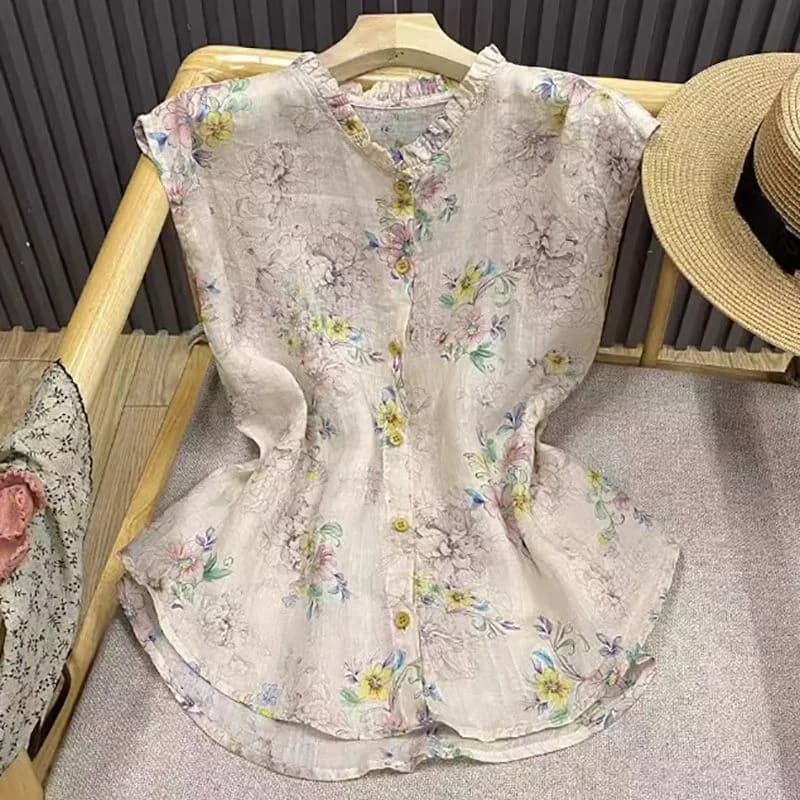 Women's Floral Print Linen Blouse Ruffle Neck Cap Sleeve Button Up Casual Summer Loose Tunic Top