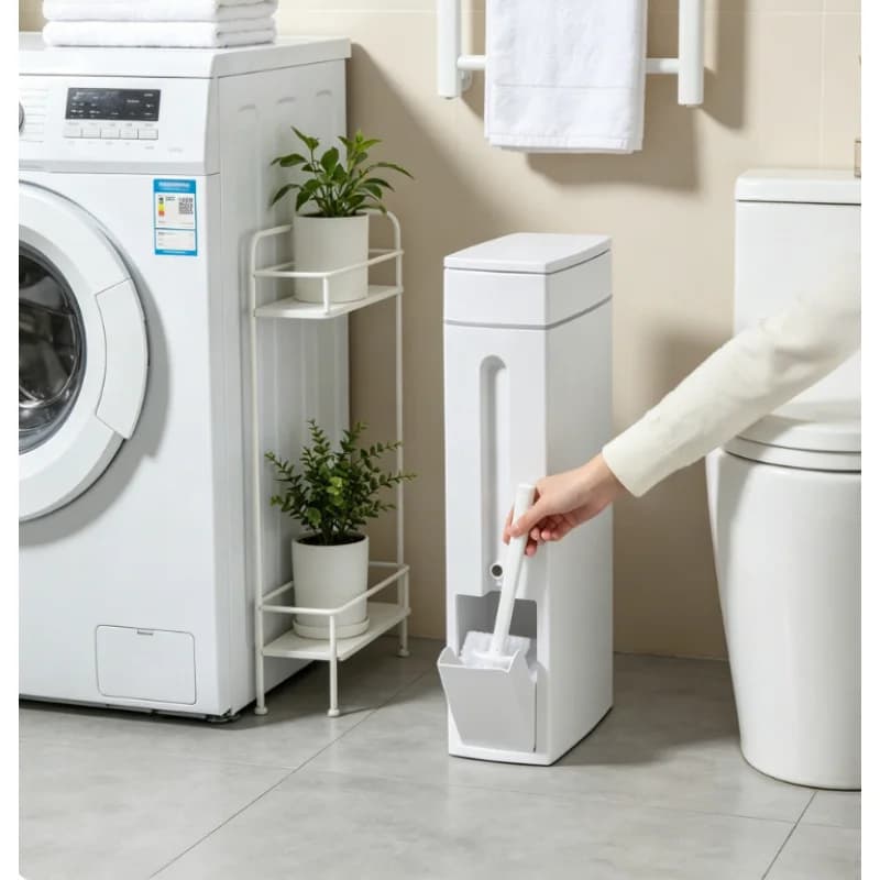 Cestino per Rifiuti Compatto e Stretto con Scopino, Pattumiera Piccola con Coperchio per Bagno, Accessorio Multifunzionale per l'Organizzazione del Bagno