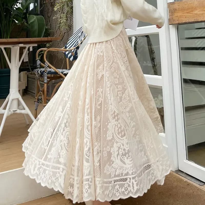 2024 nuova primavera estate donna gonna lunga stile palazzo delle fate pizzo personalizzato pendolo oversize gonne femminili di media lunghezza