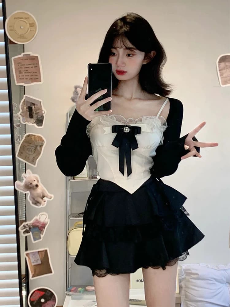 plus Size Lace Crop Top And Cake Skirt Set High Waist Short Bridesmaid Dress Women's Fashion Autumn Collection Sweet Style