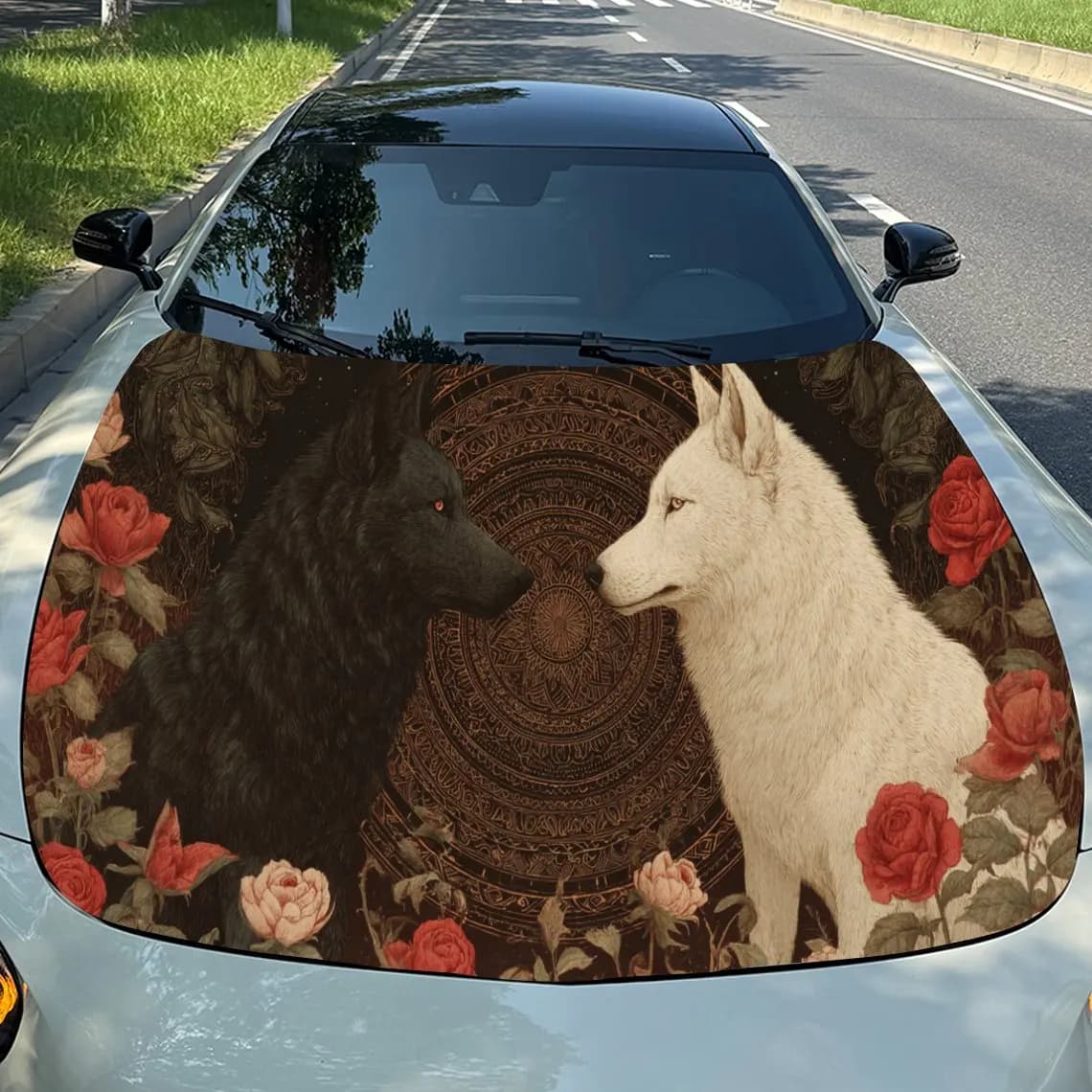 Red Rose and Cool Wolf Pair - Dreamcatcher Auto Cover Sticker, Waterproof and Self-adhesive Auto Hood Decal, Auto Vinyl Wraps, C
