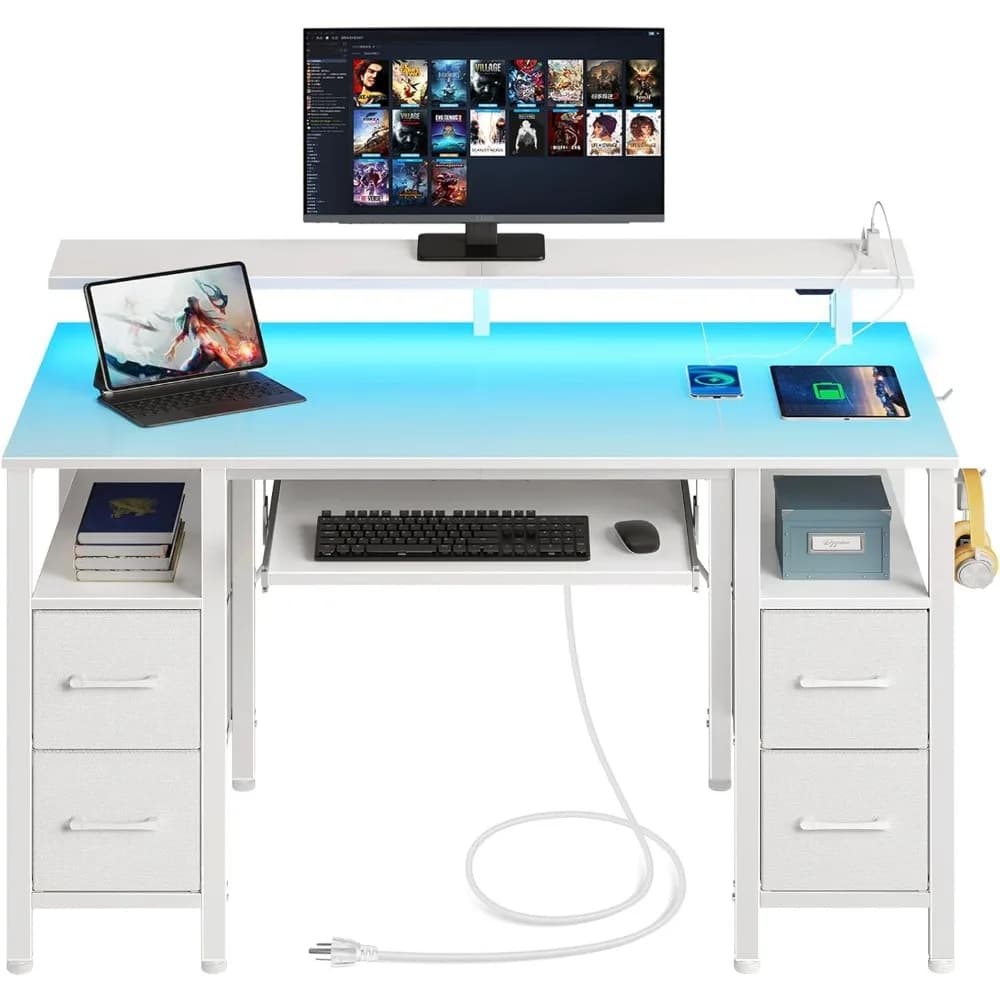 Scrivania per computer bianca da 47 pollici con cassetti, luci a LED, prese di corrente e vassoio per tastiera per giochi e uso in ufficio