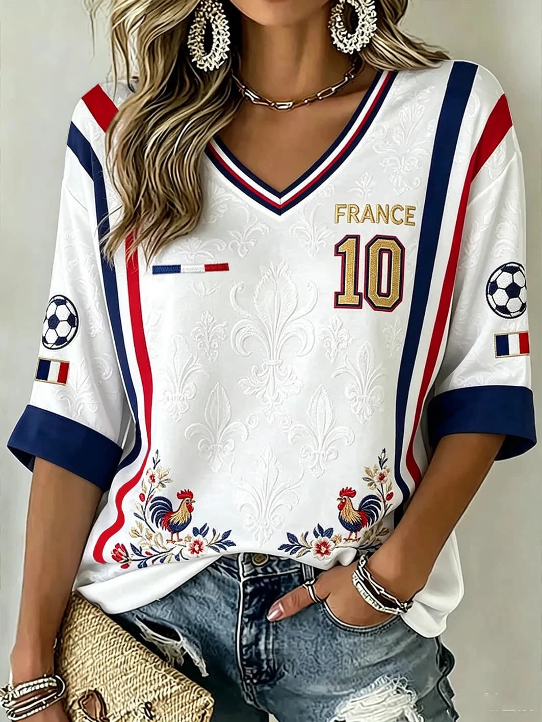 Women's French Characteristic Pattern Printed Leisure Mid-length Sleeves V-Neck T-Shirt France Football Cultural T-Shirt