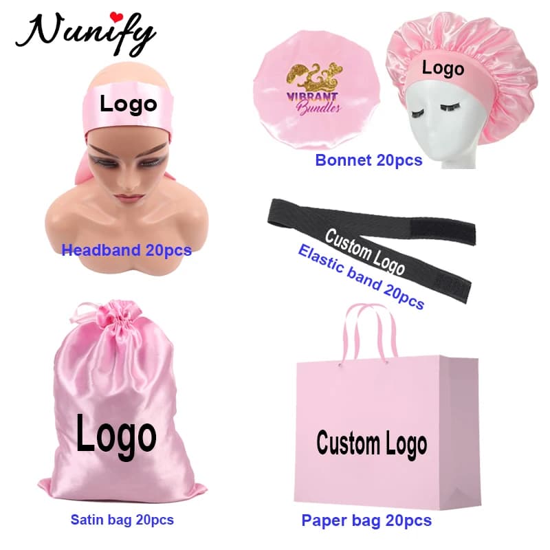 Set of custom hair packs for wigs paper shopping bags with handles black wigs headphones for sleeping in satin silk band