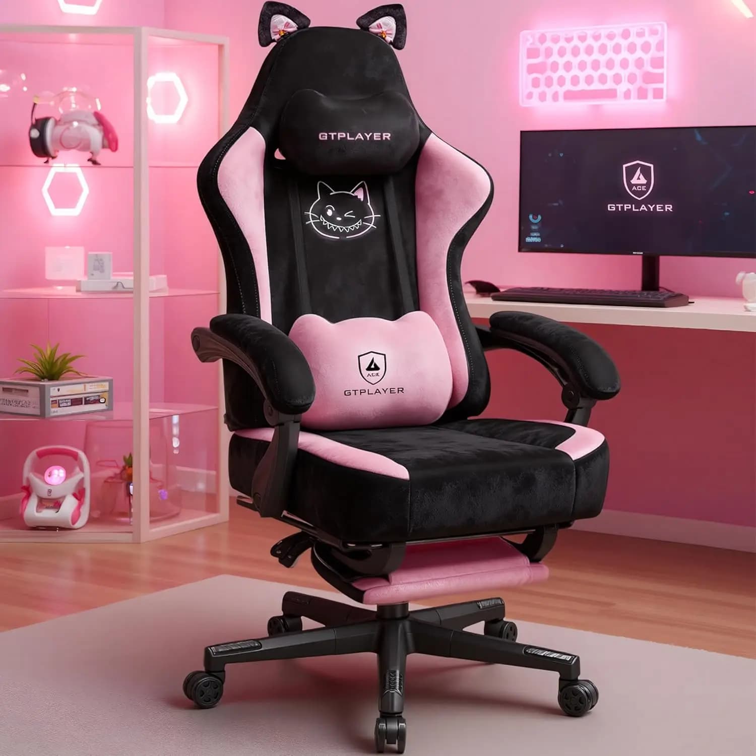 Sedia da Gaming Rosa con Orecchie da Gatto in Tessuto Vellutato, Supporto Lombare Regolabile e Funzione Reclinabile per il Massimo Comfort