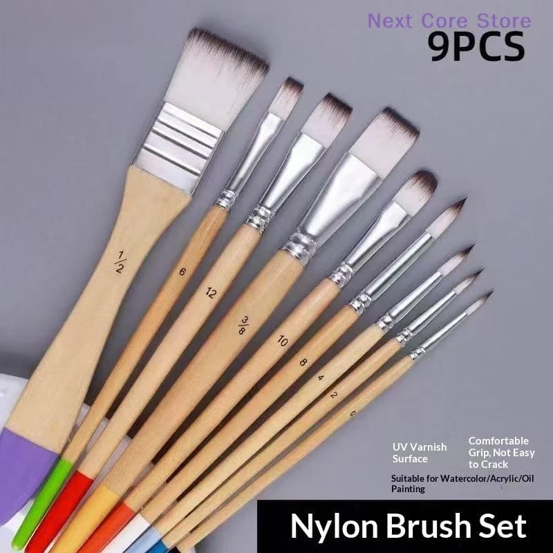 [NC]9Pcs Nylon Paint Brush Set Wood Handle Art Brush For Watercolor Acrylic Oil Painting Wall Drawing Student Beginner Art Tool