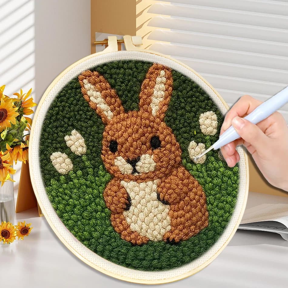 DIY Punch Needle Embroidery Kit with Frame Animal Pattern Starter Kit Magic Tufting Set Poking Cross Stitch Crafts Festival Gift