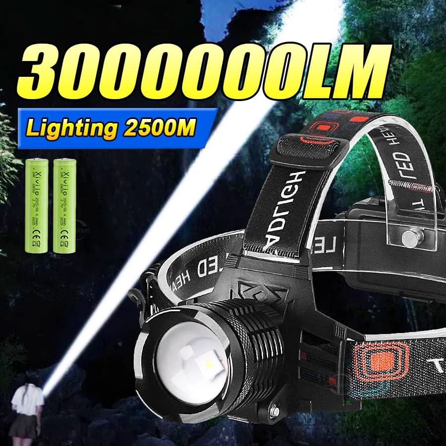Faro LED ad alta potenza da 300 W Zoom super luminoso Lampada frontale da 2 km 3000000LM Potente torcia frontale a LED ricaricabile da campeggio Lantren