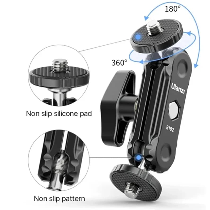 Magic arm with double 1 piece metal ball head with 360 ° 1/4" screw extension support for video microphone with DSLR camera monitor