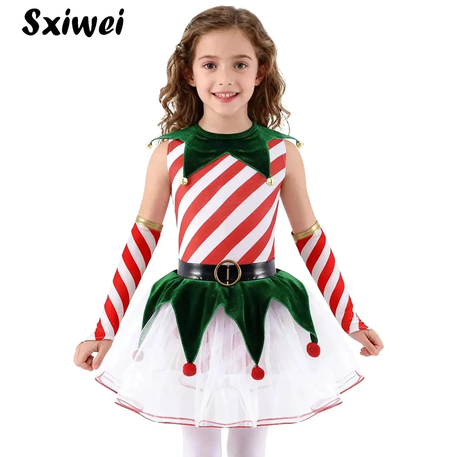 Ragazze Candy Cane Elfo Mrs Babbo Natale Costume a righe Balletto di danza Tutu Dress Set Body di pattinaggio su ghiaccio Abbigliamento da ballo natalizio