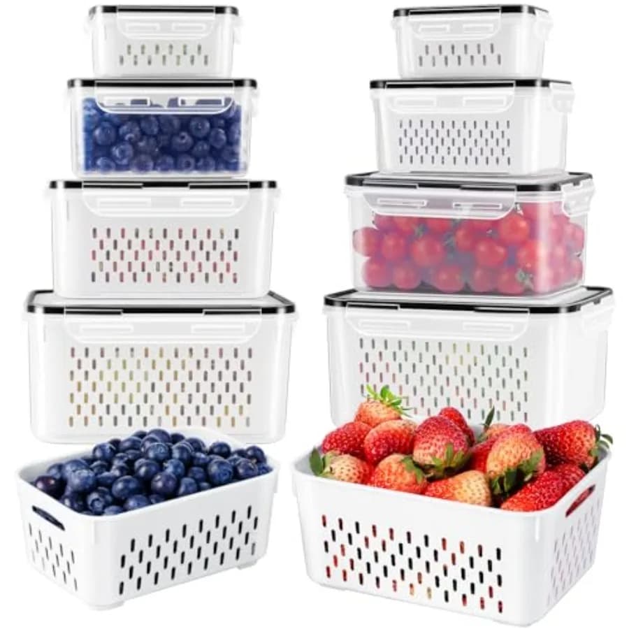 Fruit Storage Containers for Fridge with Removable Colander, Airtight Food Storage Container, Dishwasher Safe Produce Saver for