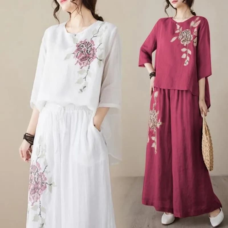 Linen Cotton Two Piece Set Women Embroidery Top Wide Leg Pants 2026 Summer Loose Fit Casual Mother Outfit for Daily Wear